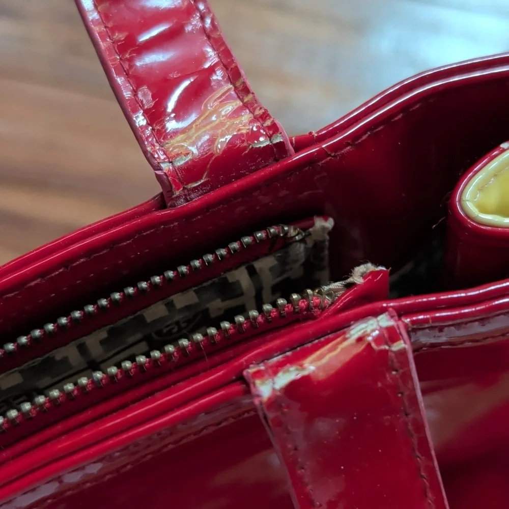 Tory Burch Ella Patent Red Yellow Perforated Tote Bag NEEDS WORK